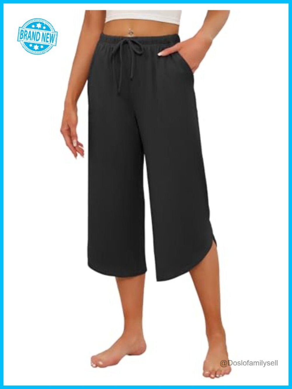 Womens Capri Pajama Lounge Pants Wide Leg Curved Hem Pockets